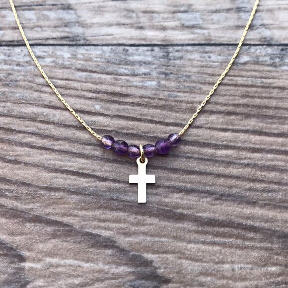Beaded Cross necklace, gold, Easter gift, Christian gift, minimalist, gemstone, - Picture 4 of 6